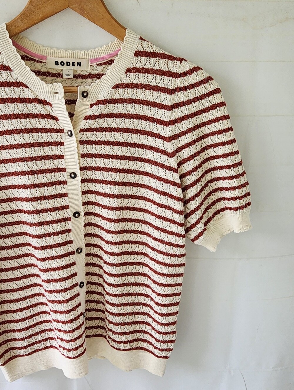 Boden Dot Pointelle Striped Short Sleeve Cardigan - Picture 8 of 14